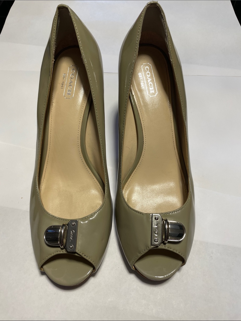 Coach Olive-Green Patent Leather Peep-Toe Heels with Silver Accent